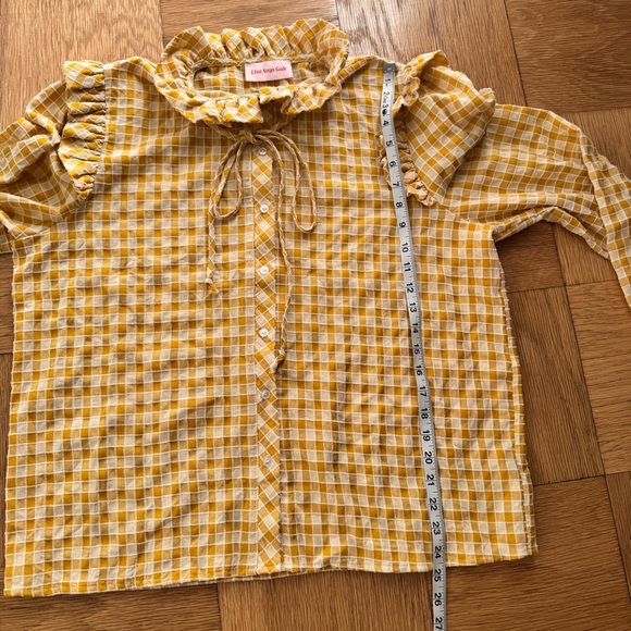 Lisa Says Gah! Yellow Blouse Ruffle Collar Button Down Checkered - Picture 6 of 7